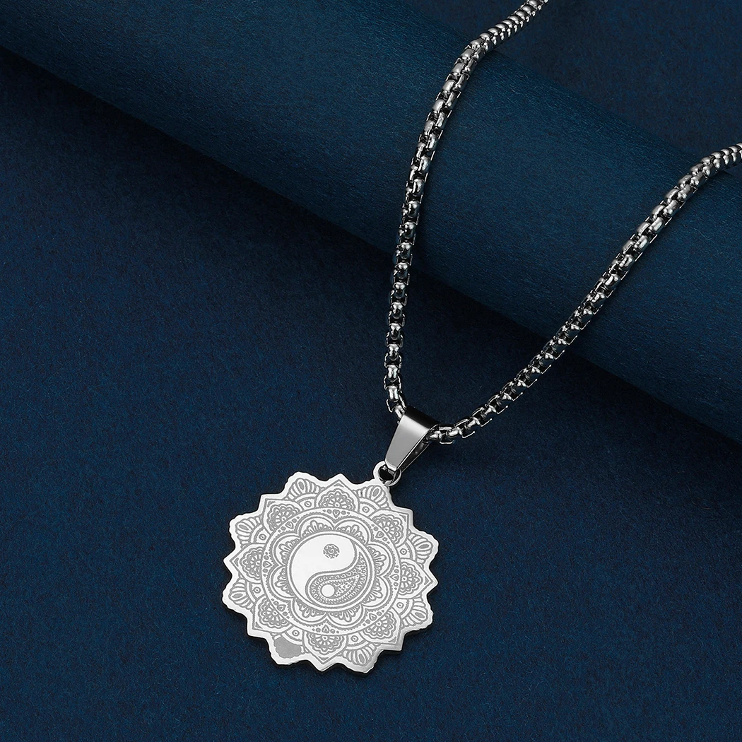 CHENGXUN Stainless Steel Life Of Flower Mandala with Yin Yang Necklace Yin Yang Taoism Jewelry Friendship Necklace for Men Women