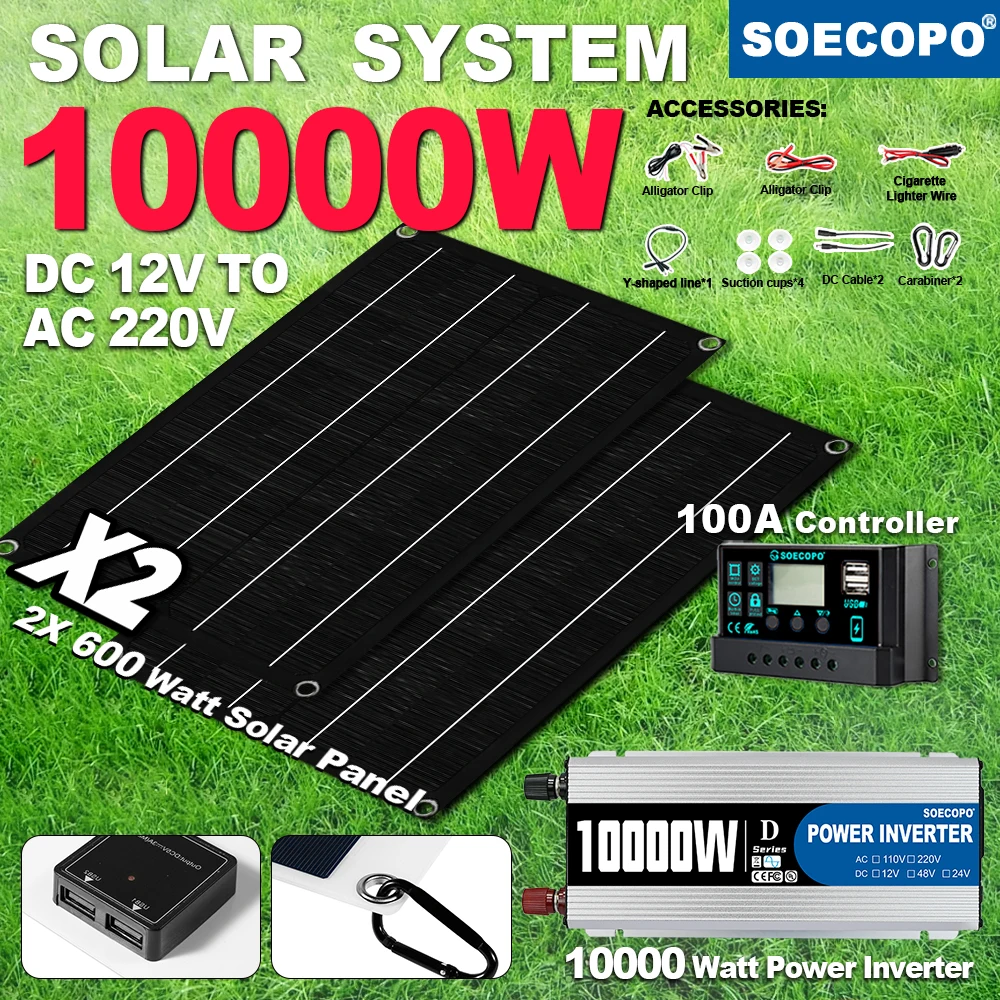

SOECOPO 10000W Peak Solar System Kit 2x600W Panel 100A Controller Stable Output Inverter Generator for Caravan trip party Picnic