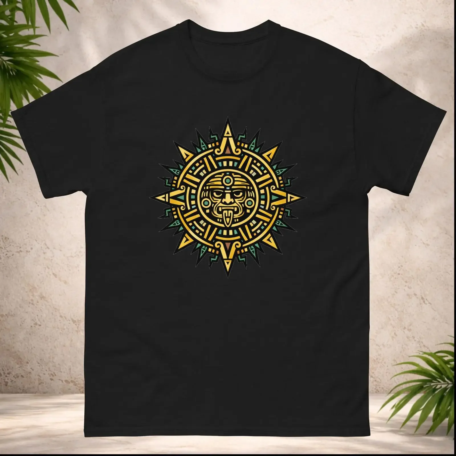 Aztec Sun Calendar T Shirt Mexican Culture Ancient Symbol Tribal Mesoamerican Design vintage Washed Top For Everyday Wear