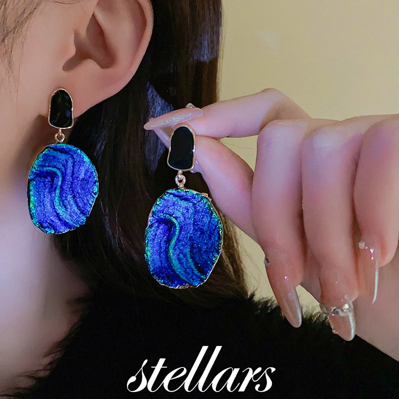 

Vintage Silver Needle Earrings Wrinkle Drip Oil Irregular Blue Retro Light Luxury High-End Temperament Women Jewelry