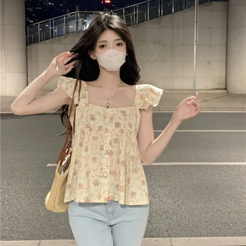 Flying Sleeve Floral Shirts Women Summer New Sweet Ruffles Temperament Loose Casual Korean Style Holiday Tender Chic Streetwear