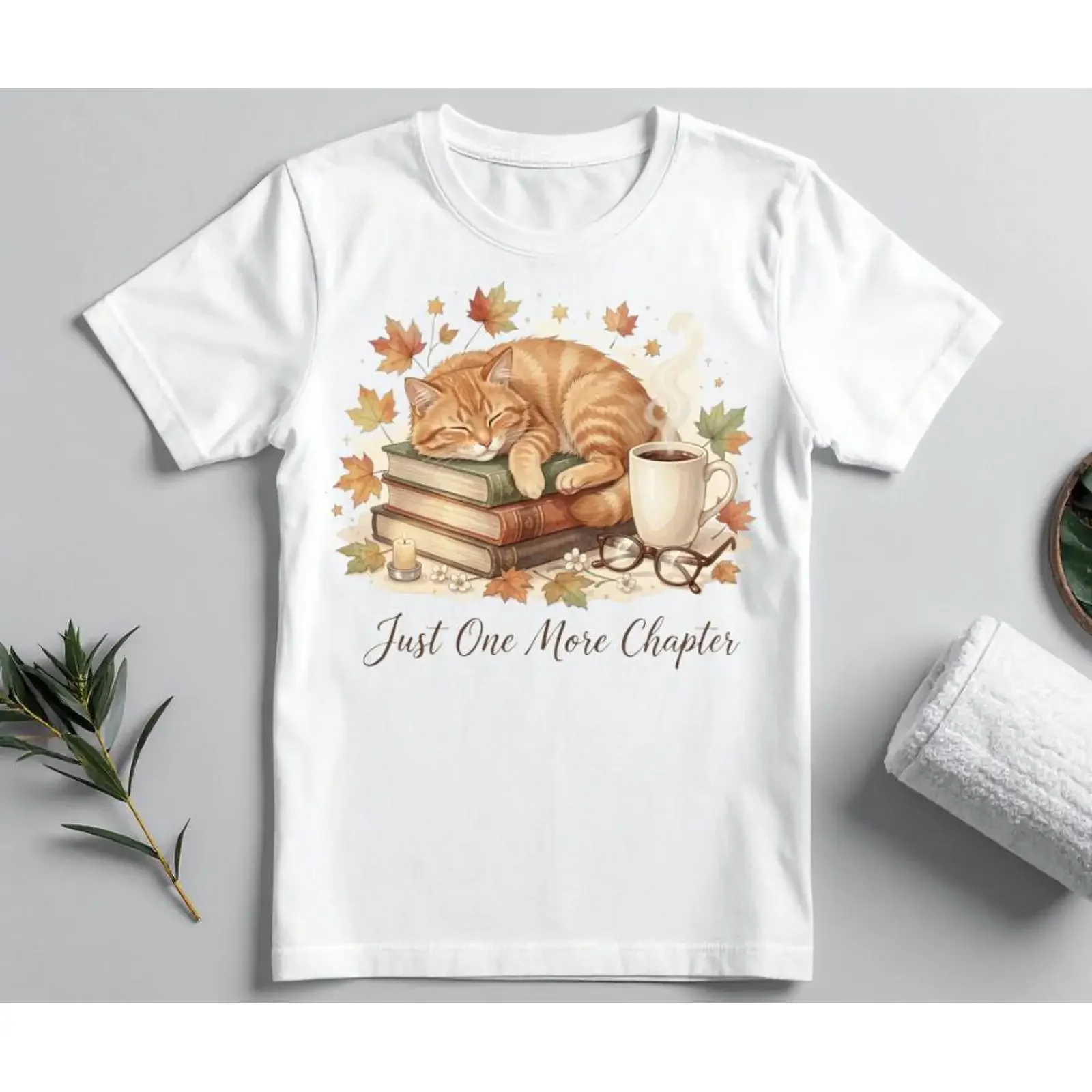 Cozy Reading Cat T Shirt Sleeping Ginger Autumn Leaves Book Lover  vintage Washed homme fashion Soft Comfortable Stretched