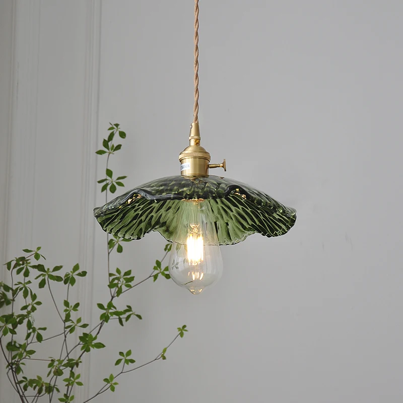 

Nordic simple restaurant entrance balcony bay window aisle brass glass chandelier lotus leaf shape lamp