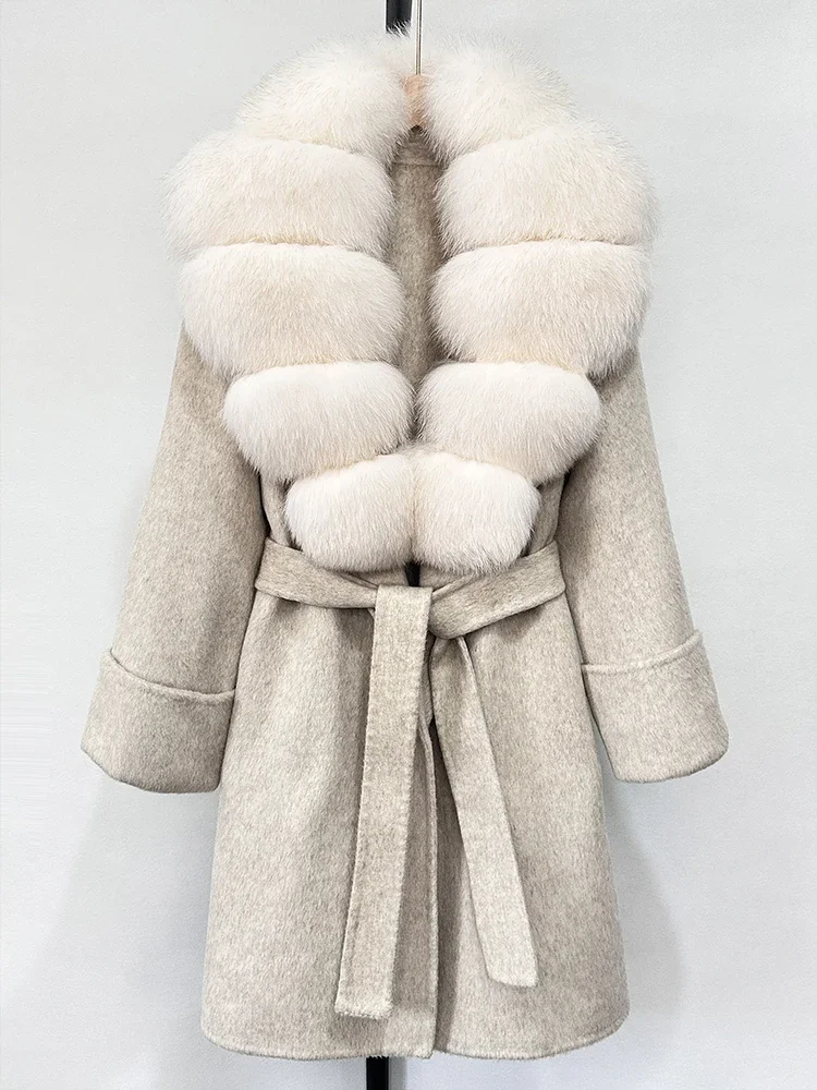 Женское пальто из натурального лисьего меха, новинка 2023 года, зимняя куртка с карманами на поясе, женская свободная шерстяная верхняя одежда, уличная одежда