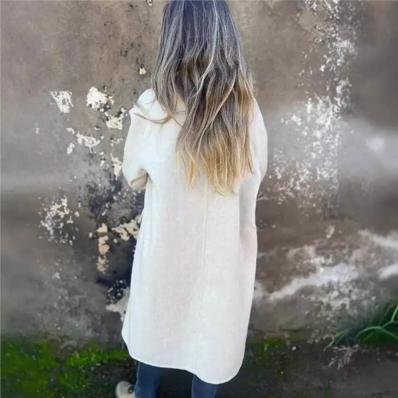 

Autumn Winter Long Pure Color Woolen Jaet Button Casual Independent Station Cross Border Outerwear for Women Commute Sle