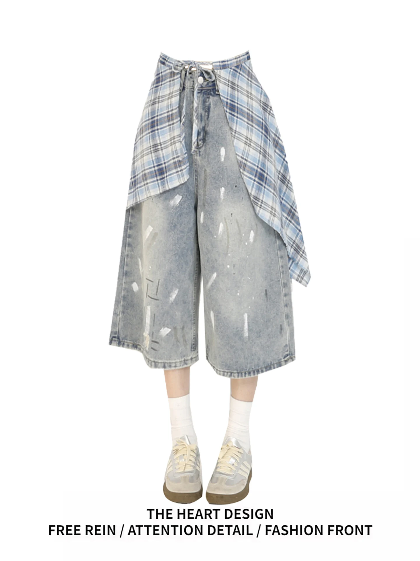 

American Sle Loose Straight Leg Denim orts Women Summer High Waist Wide Leg Pants Skirt Hem Seven-Foot-Mid-Pants