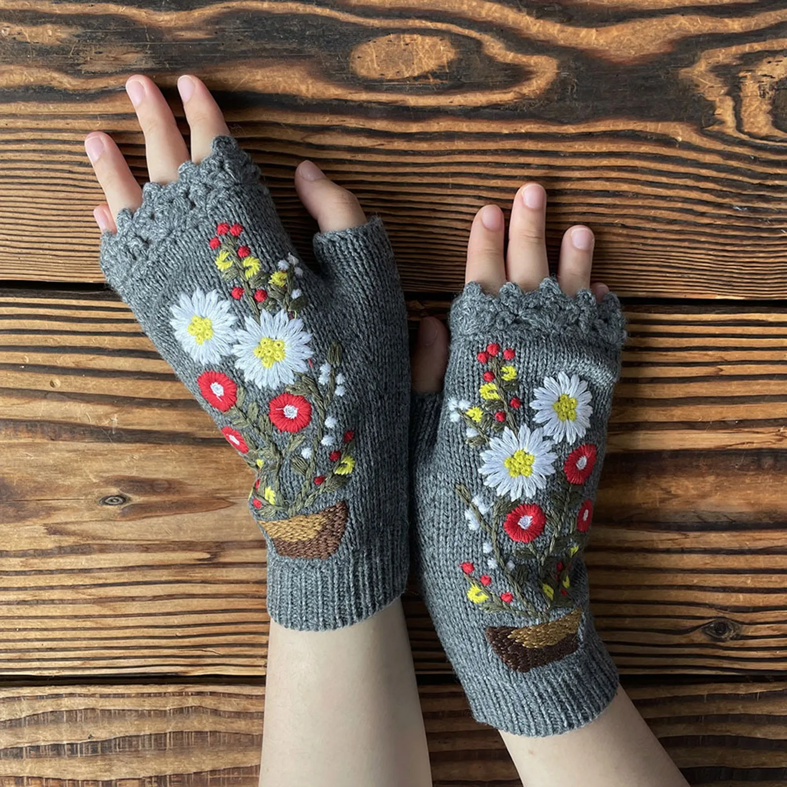 Women Winter Knitted Fingerless Gloves Floral Embroidery Thumbhole Autumn Winter Gloves Retro Crochet Aesthetic Gloves Mittens