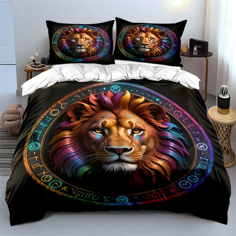 3Pcs Rainbow Lion Bedding Set, Mystical Rune Circle Lion Print Duvet Cover Set, Psychedelic Zodiac Pattern for Bedroom Decor