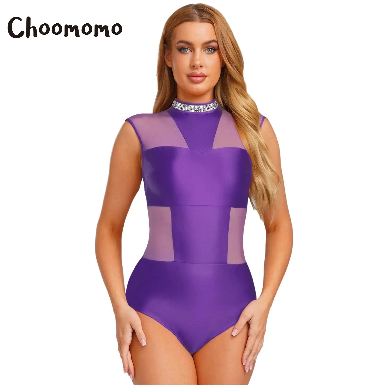 

Womens Mesh Patchwork Mock Neck Dance Leotard Sleeveless Rhinestone Openable Crotch Bodysuit Lyrical Latin Ballet Dance Costume