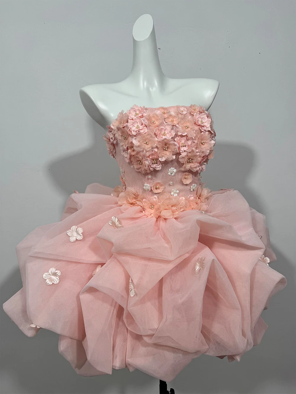 Modphy 2026 New Pink Strapless Splicing Applique Ball Gown Women Lace-up Elegant Evening Prom Birthday Party Mini Dresses