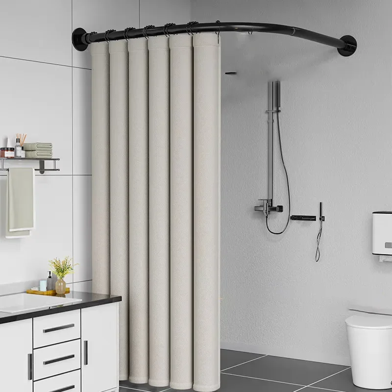 L Shape Shower Curtain Rod No Drilling Rail Corner Black Stainless Steel Telescopic Rod Modern Shower Curtain Accessories