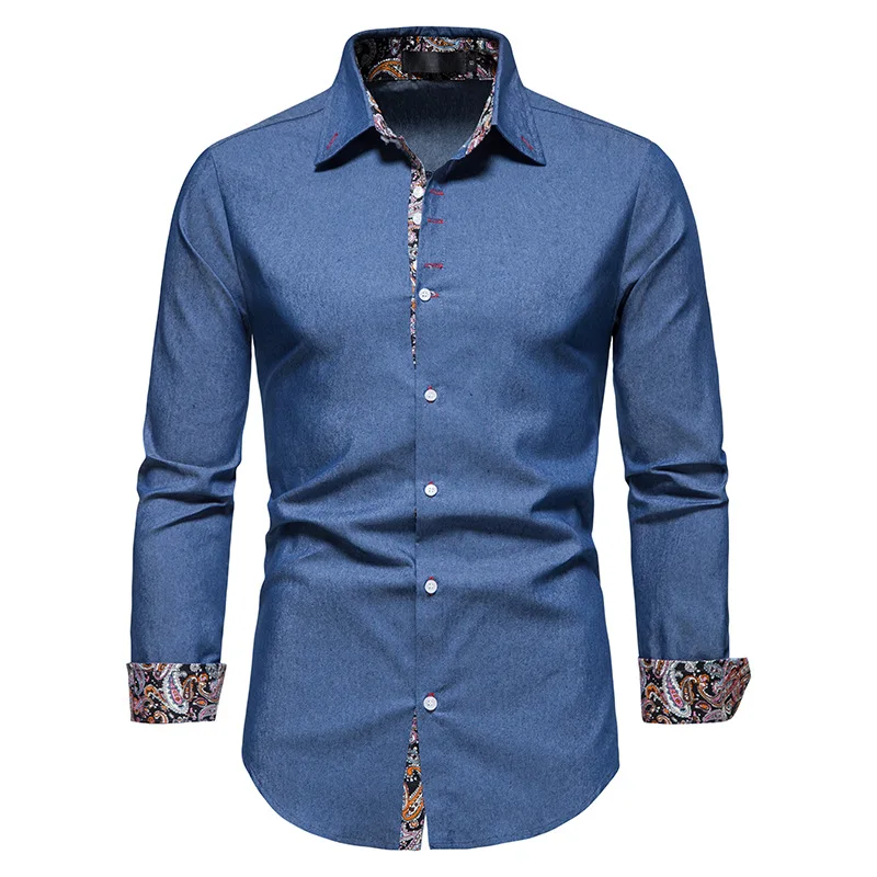 

Mens Cowboy Western Denim Shirts Hipster Slim Fit Long Sleeve Button Up Dress Shirt Men Work Casual Social Shirt Male Chemise