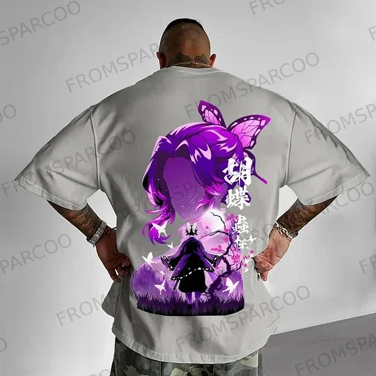 Kimetsu No Yaiba Shinobu 2026 New Hot Anime T - Shirt Summer Men's Black Cotton with Purple Butterfly and Text Print Casual