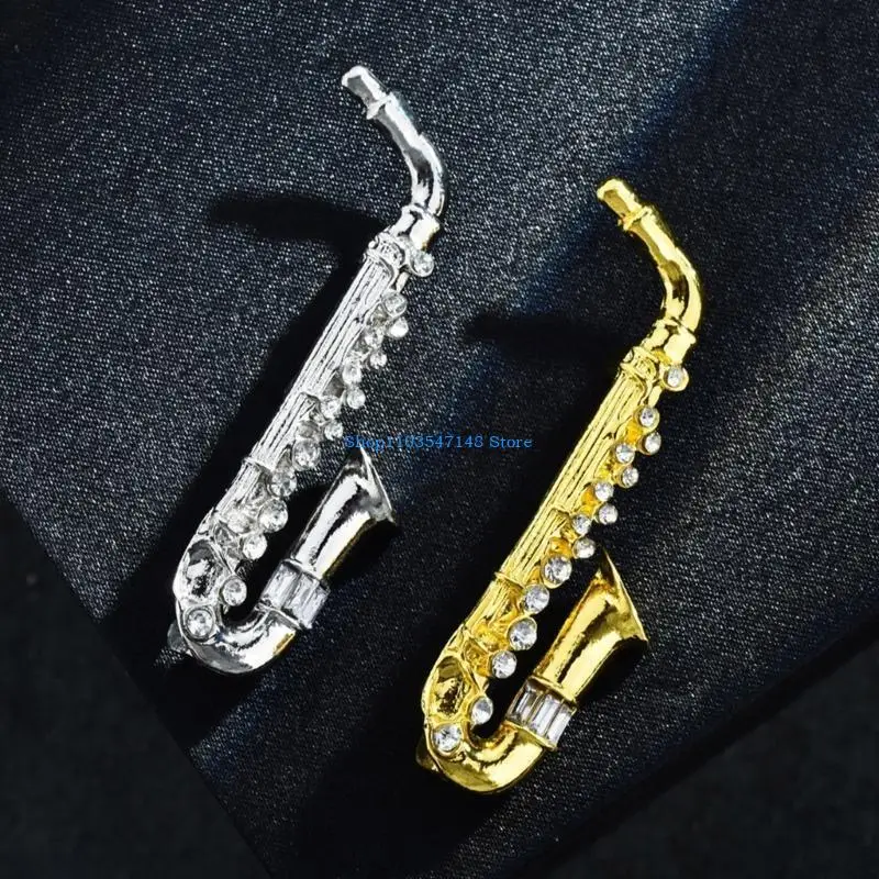 

P88B Elegant Saxophones Crystal Brooch Pin Versatile Fashion Accessory for Women Dress Suit Unique Musical Instrument