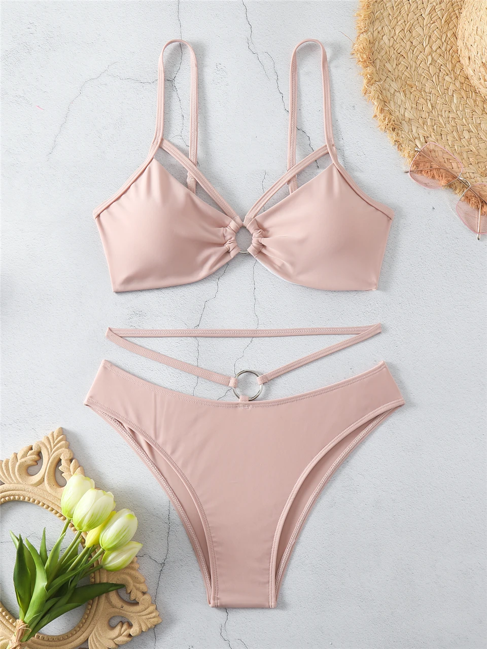 Ring Link Bikini 2024 Women Shoulder Strap Swimwear Lady Sexy Solid Swimsuit Summer Beachwear Lady Bathers Bathing Swimming Suit