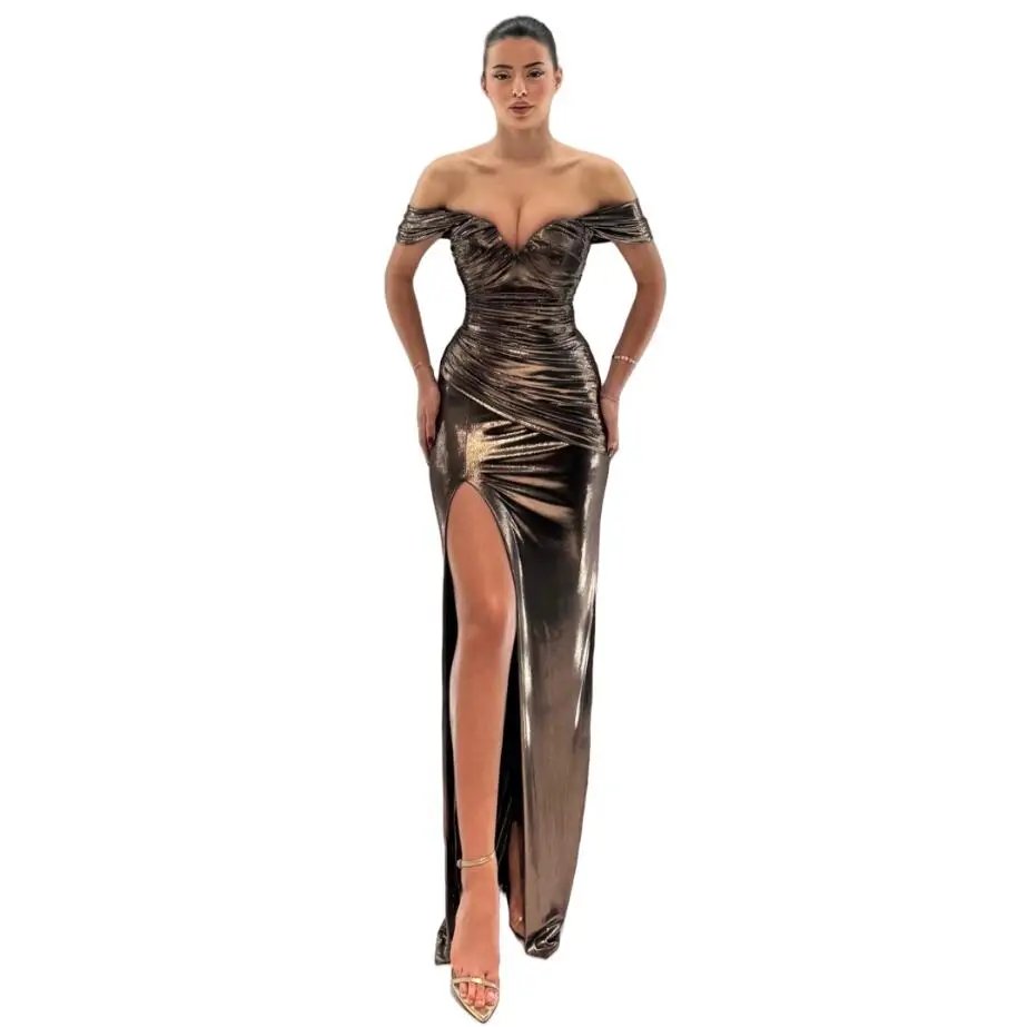 

Elegant Evening Dresses Women Sequined Shiny Maxi Gown Slit Pleated vestido de novia Off the Shoulder Prom Dress Customized