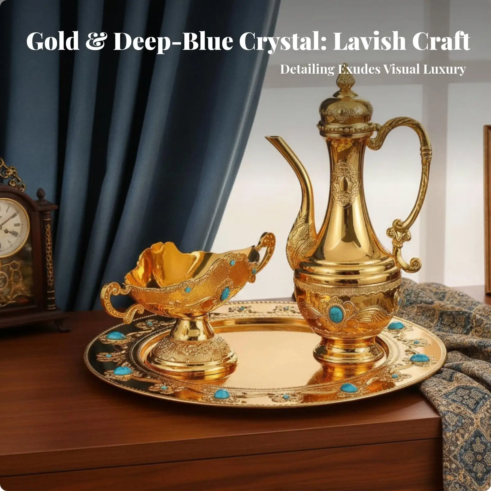 Vintage Teapot Set with Tray Gold-Toned Drink Serving Set Raised Detailing Round