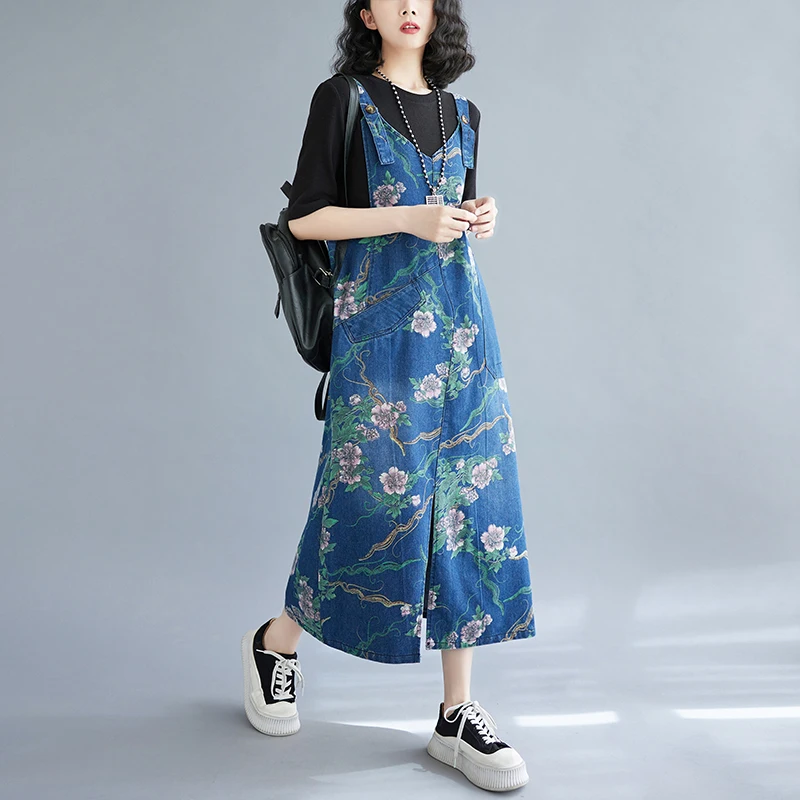 Tamanho grande denim macacão casual faion retro impressão algodão poliéster mistura a linha saia longa vintage sle feminino dr