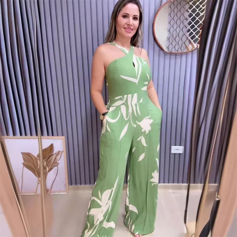 

Floral Print One Piece Jumpsuit Women Elegant Halter Backless Sleeveless Wide Leg Pants Romper Club Party Overalls Monos Largos