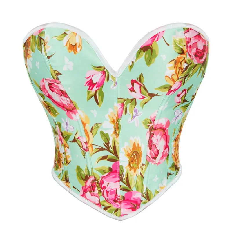 

New Floral Green Bustier Crop Tops for Women Strapless Vintage Corset Body Shape V-shaped Cutting enceria bodys sexy mujer