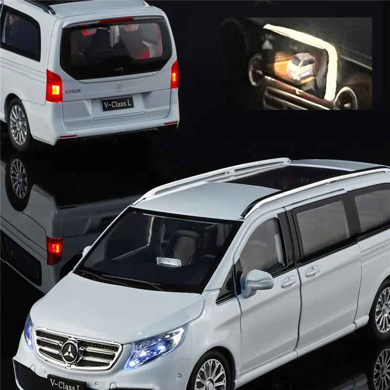 โมเดลรถ MPV อัลลอยด์ V260 ขนาด 1:24 ของเล่นรถโลหะหล่อขึ้นรูป รถธุรกิจ จำลองเสียงและแสงได้ ของสะสมสำหรับเด็ก ของขวัญ