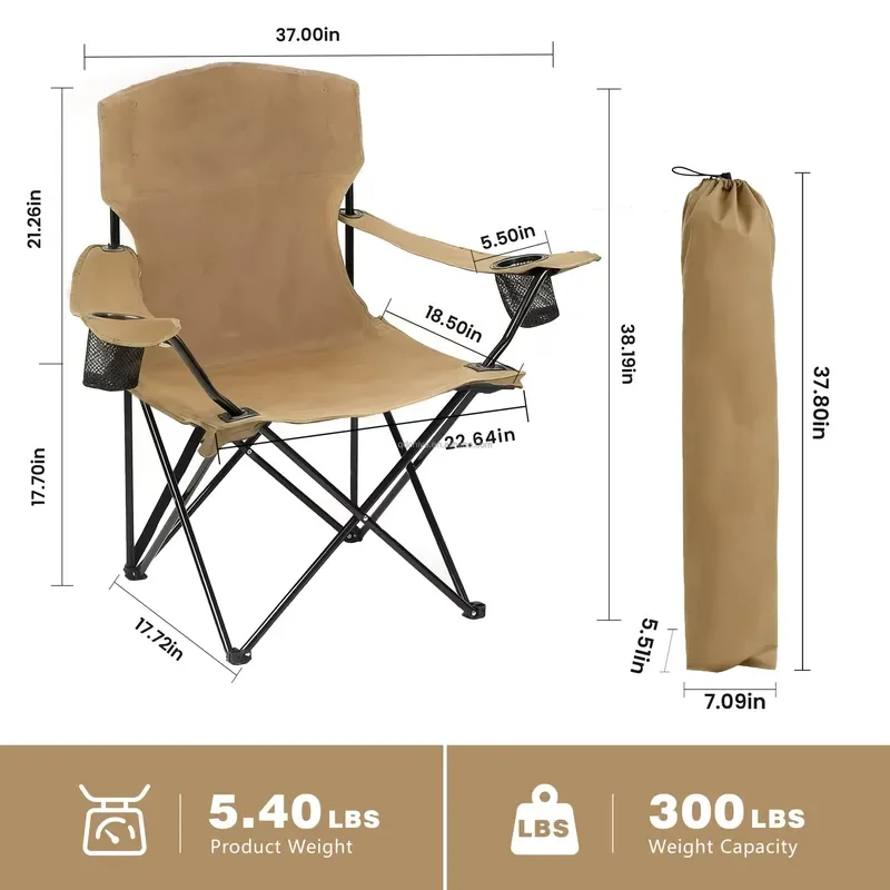 Portable Metal Camping Chair with Side Pockets Cup Holder 300LBS Capacity Padded Carry Bag Black