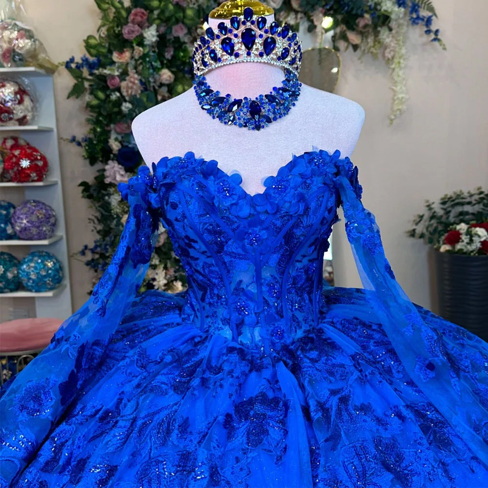 

Мексиканское королевское синее платье Quinceanera, бальное платье с аппликацией, кружевной корсет принцессы с бисером, сладкий 16, Vestidos De XV 15 Anos