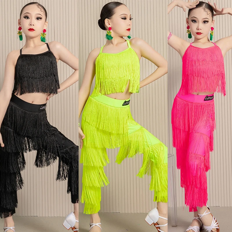 8 Colors Tassel Latin Dance Clothes For Girls Fringe Set Tops Pants Kids Latin Dance Competition Clothing Practice Wear DNV20525