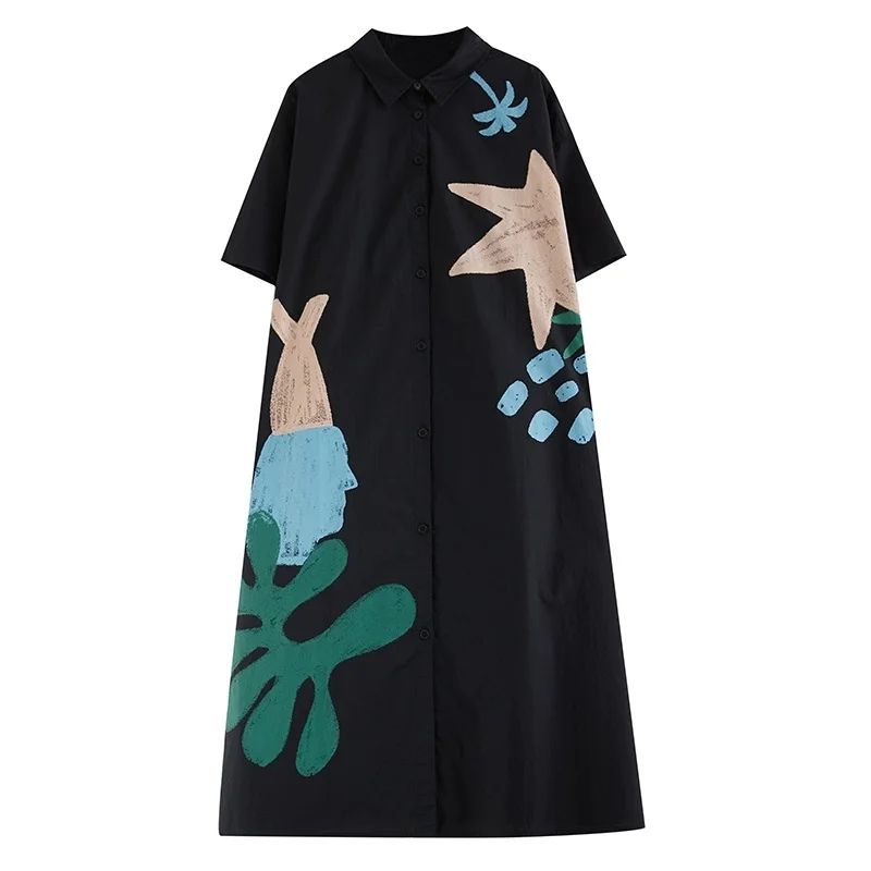 2025 Nowy duży rozmiar Wiosna Lato Koreański luźny nadruk Bluzka Kobiety Dorywczo Krótki rękaw Długi kardigan Koszule Sukienka Kobieca bluzka
