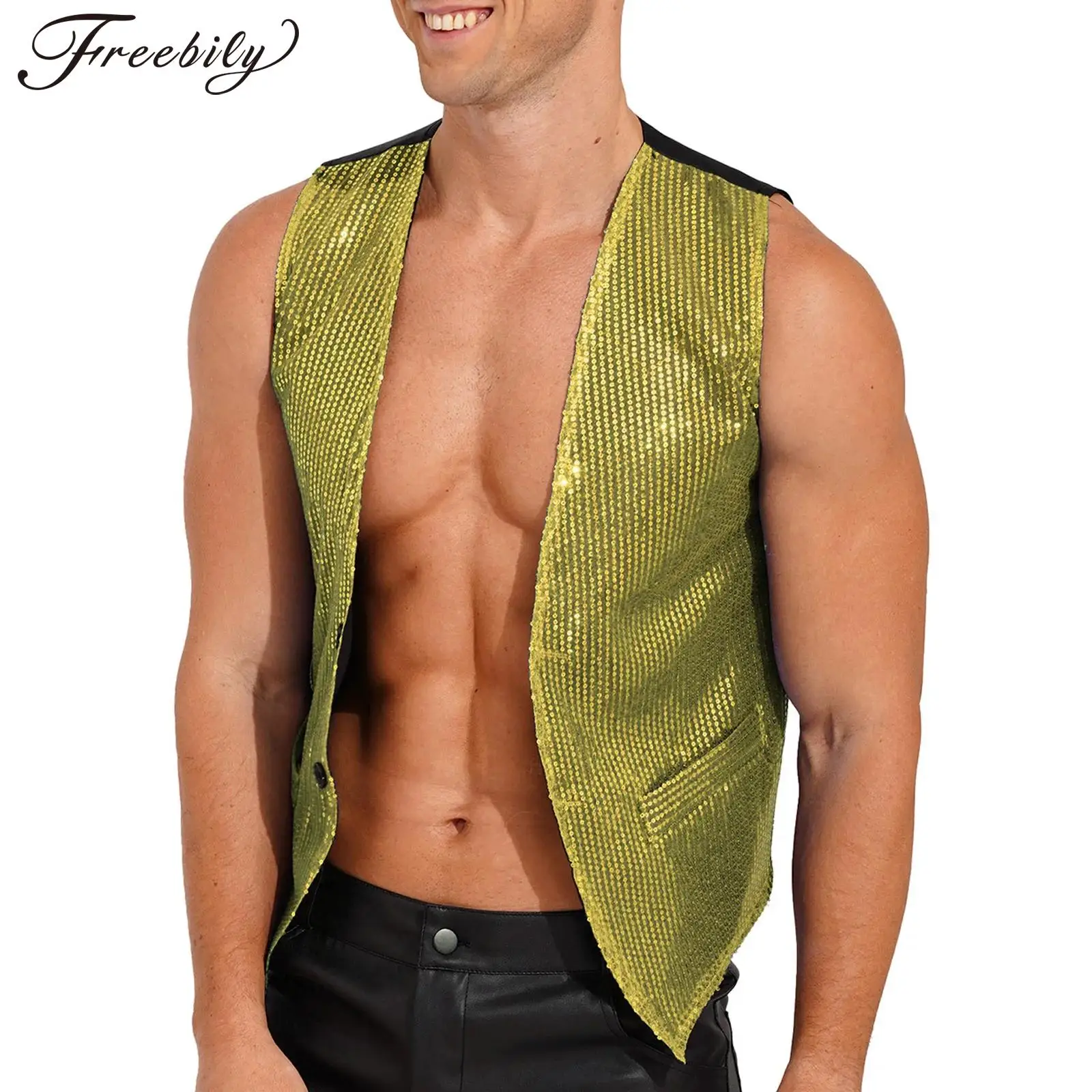 Mens Rave Vests Clubwear Sparkling Fashion Sleeveless Sequins Waistcoat Jazz Street Dance Hip-hop Party Costume Tank Top Male