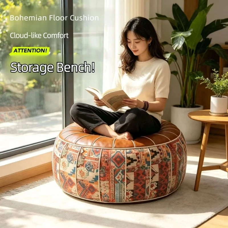 Round Storage Ottoman Pouf for Living Room and Bedroom, Padded Footstool with Soft Item Organiser, Floor Level Design, 37JD