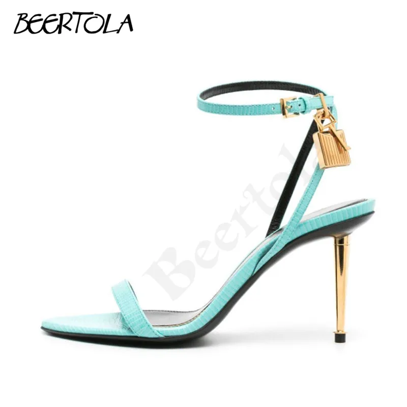 Women\'s Metal Heel One-Strap Sandals Round Toe Stiletto Heels Metal Buckle Textured High Heel Sandals Temperament Fashion Sandal