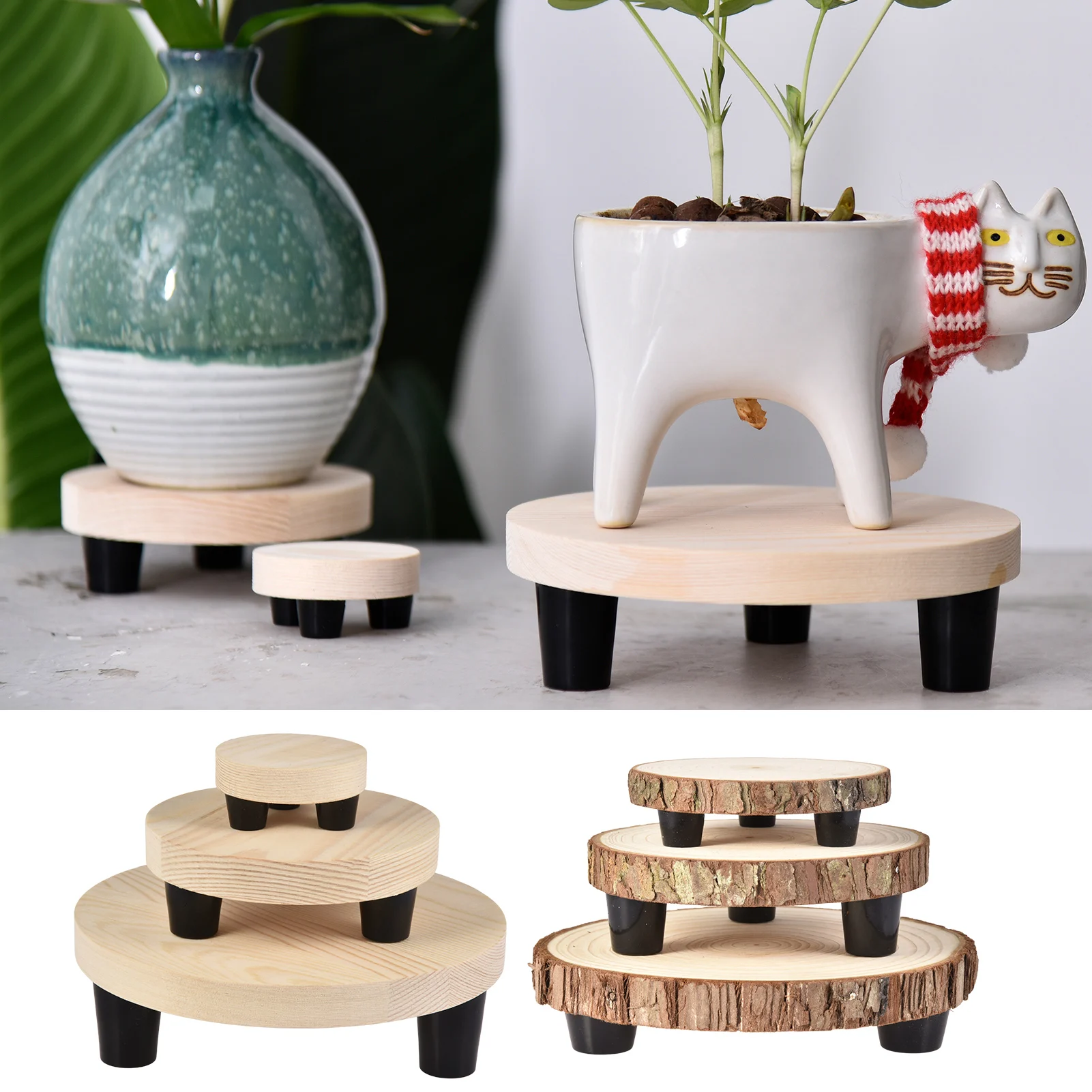 3PCS Flower Pot Rack Home Garden Indoor Display Plant Stand Shelf Free Standing Bonsai Holder Wood Planter Pot Trays S/M/L Size