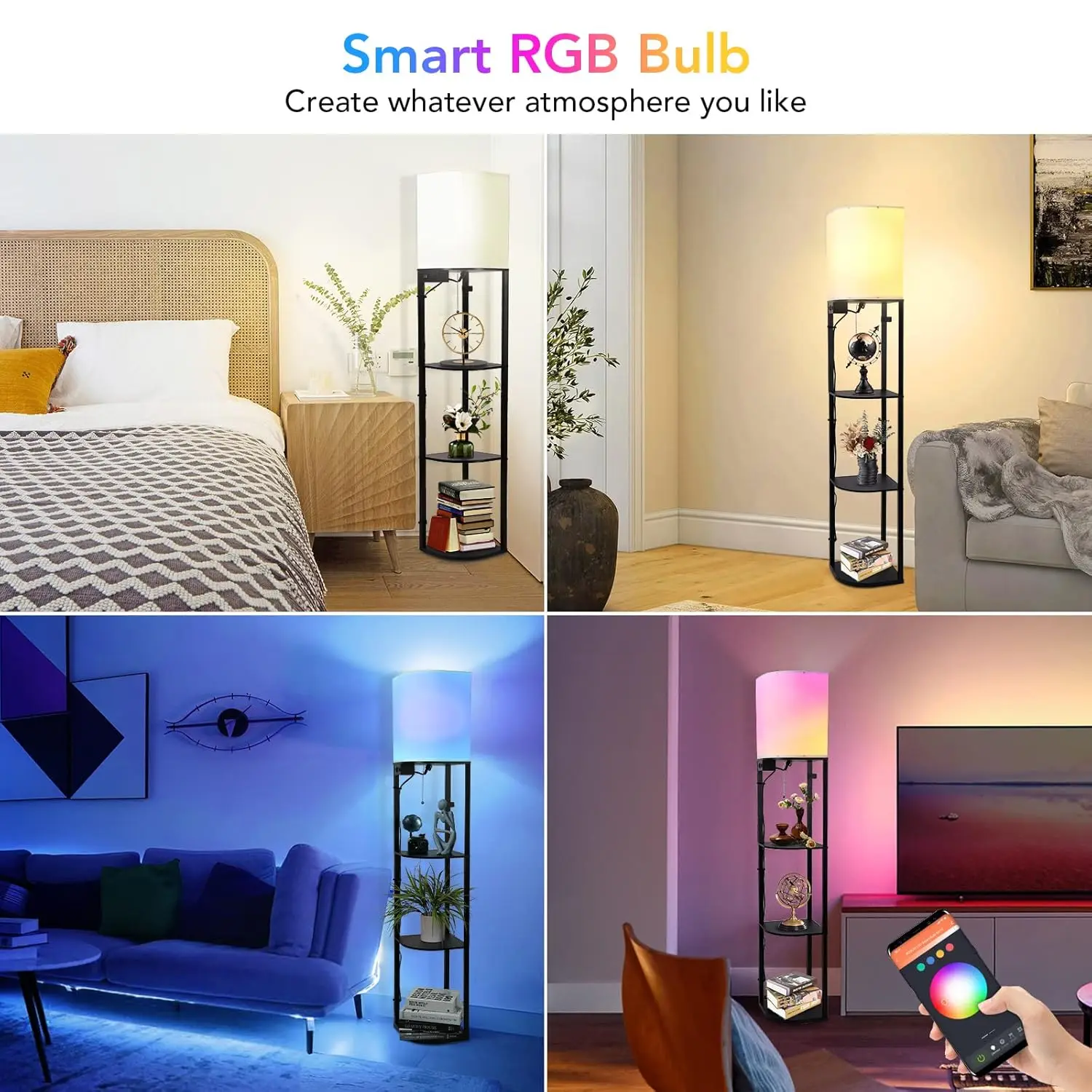 Lámpara de pie de estante RGB inteligente con 2 puertos USB y 1 toma de corriente, pantalla moderna, lámpara de pie de estante de esquina de sector de 3 niveles, bombilla RGB