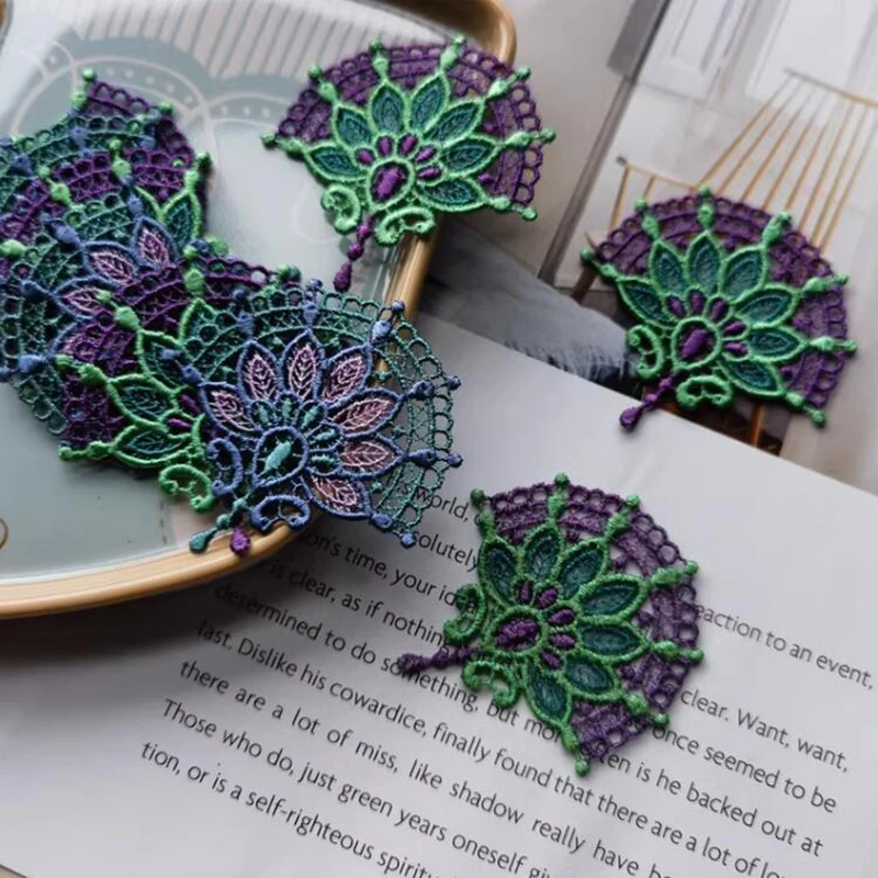 10Pcs Sparkling Green Purple Gradient Embroidered Fan Lace Fabric Patch Used for Decorating Clothing Embroidered Lace Patch