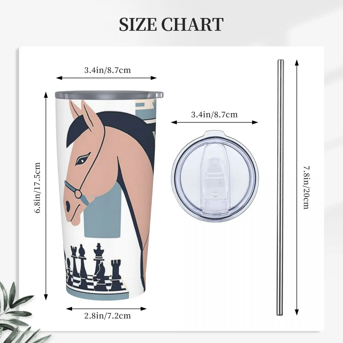 Chess & Horse Stainless Steel Tumbler Vacuum Insulated Mug Thermal Cold Cup Straw With Lid 20oz