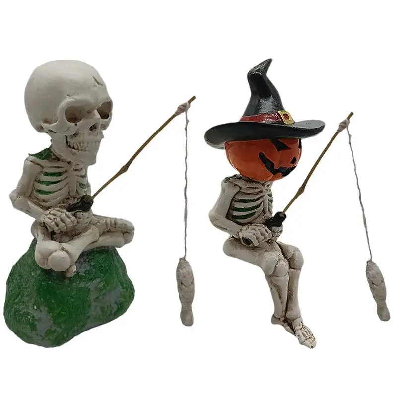 Halloween Fish Skeleton Spooky Cute Miniature Resin Fishing Skeleton Figurines Landscape Gothic Garden Decor Halloween Figurines