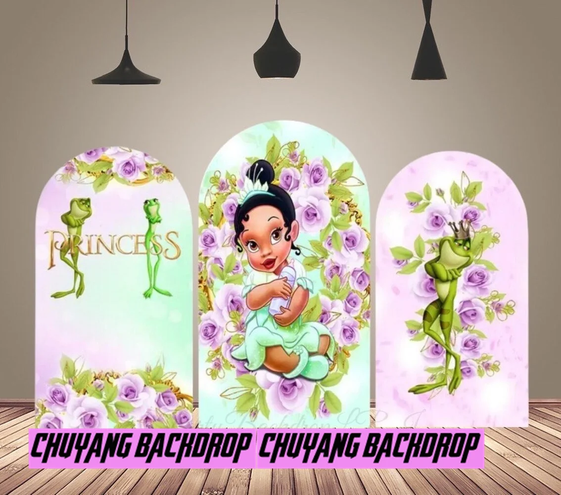 Princess Baby Tiana and the Frog Arch Round Backdrop Cover Purple Flowers Baby Shower Chiara Arch Photography Background Banner