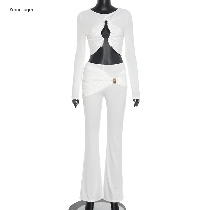 Yomesugar Elegant Two Piece Set Women Sexy Metallic Decoration Long Sleeve Crop Tops and Ruched Flared Pants Matching Tracksuits