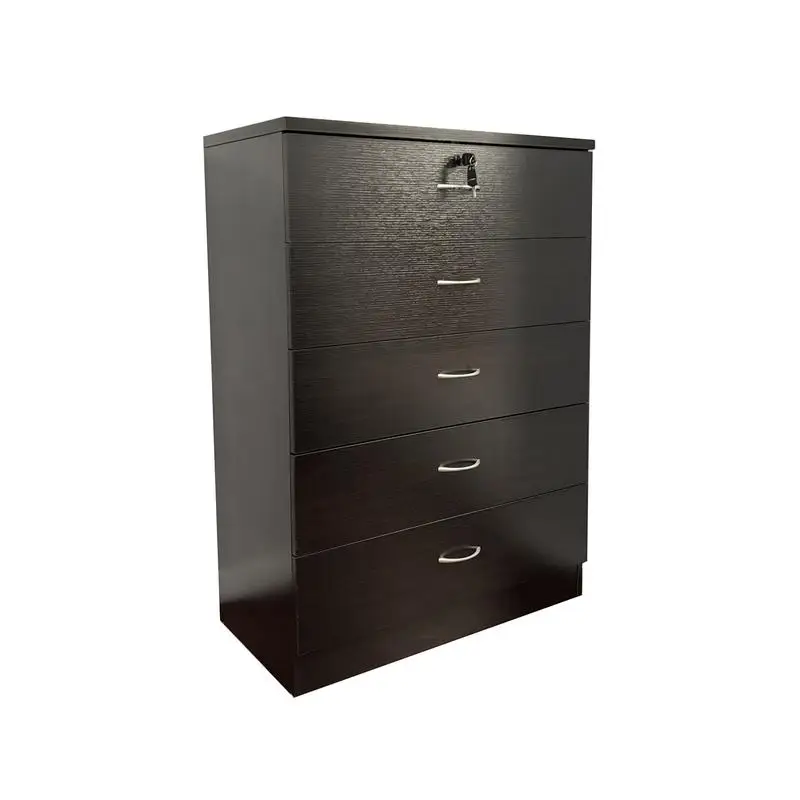 5-Drawer Chest with Locking Top Drawer, 2 Keys, Metal Glide Rails, Black Melamine Laminate Finish, Metal Handles for Storage