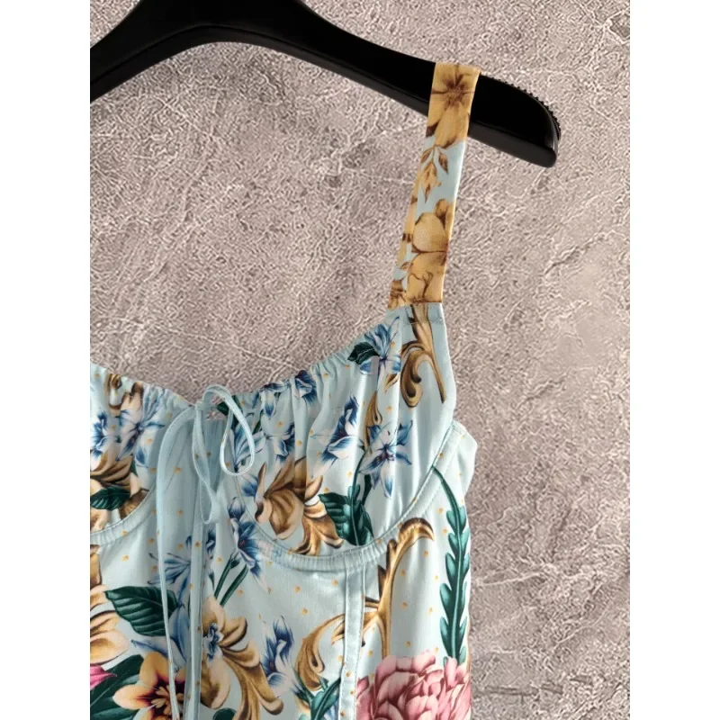 High Quality Blue Print Flowers Appliqued Halter Ruffles Irregular Hem Mini Dress 2025