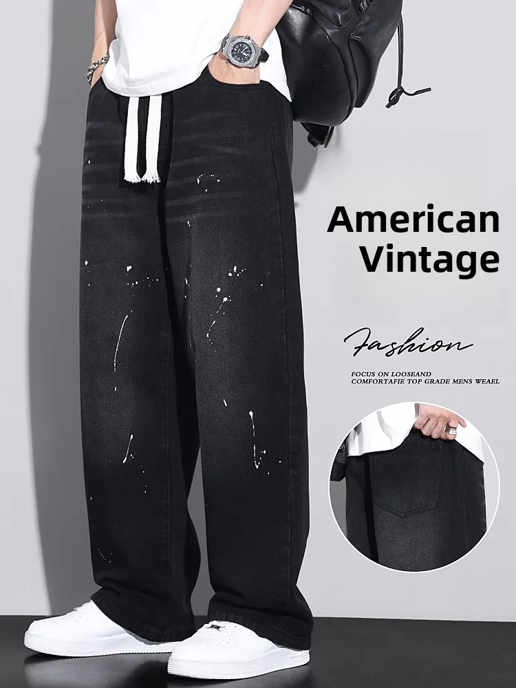 

Мужские джинсы American Sle свободного кроя, прямые, весна-осень, с эффектом распыления краски, модные широкие брюки, хлопок-полиэстер...