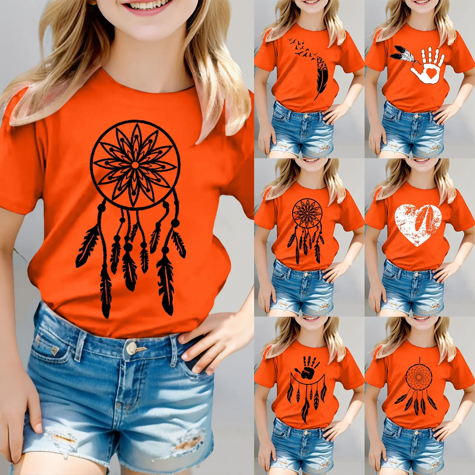 New Coils Graphic Tee Orange Shirt For Kid Girls Short Sleeve Tee Crew Neck T Shirt Casual Fit Basic Shirts Non Sweat Undershirt