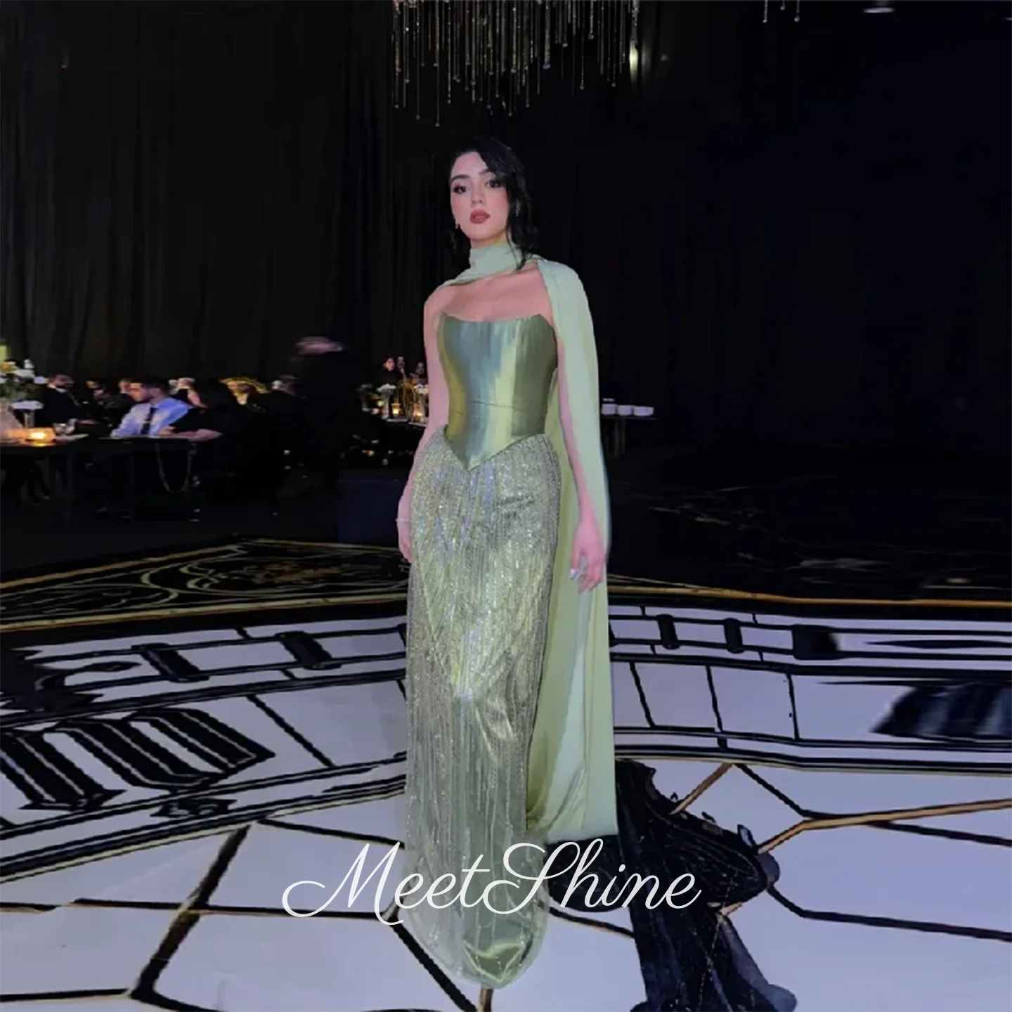 

Luxury Sage Green Strapless Mermaid Tulle Evening Dresses Sequins Chic Shawl Sweep Train Backless Party Prom Dresses Customized