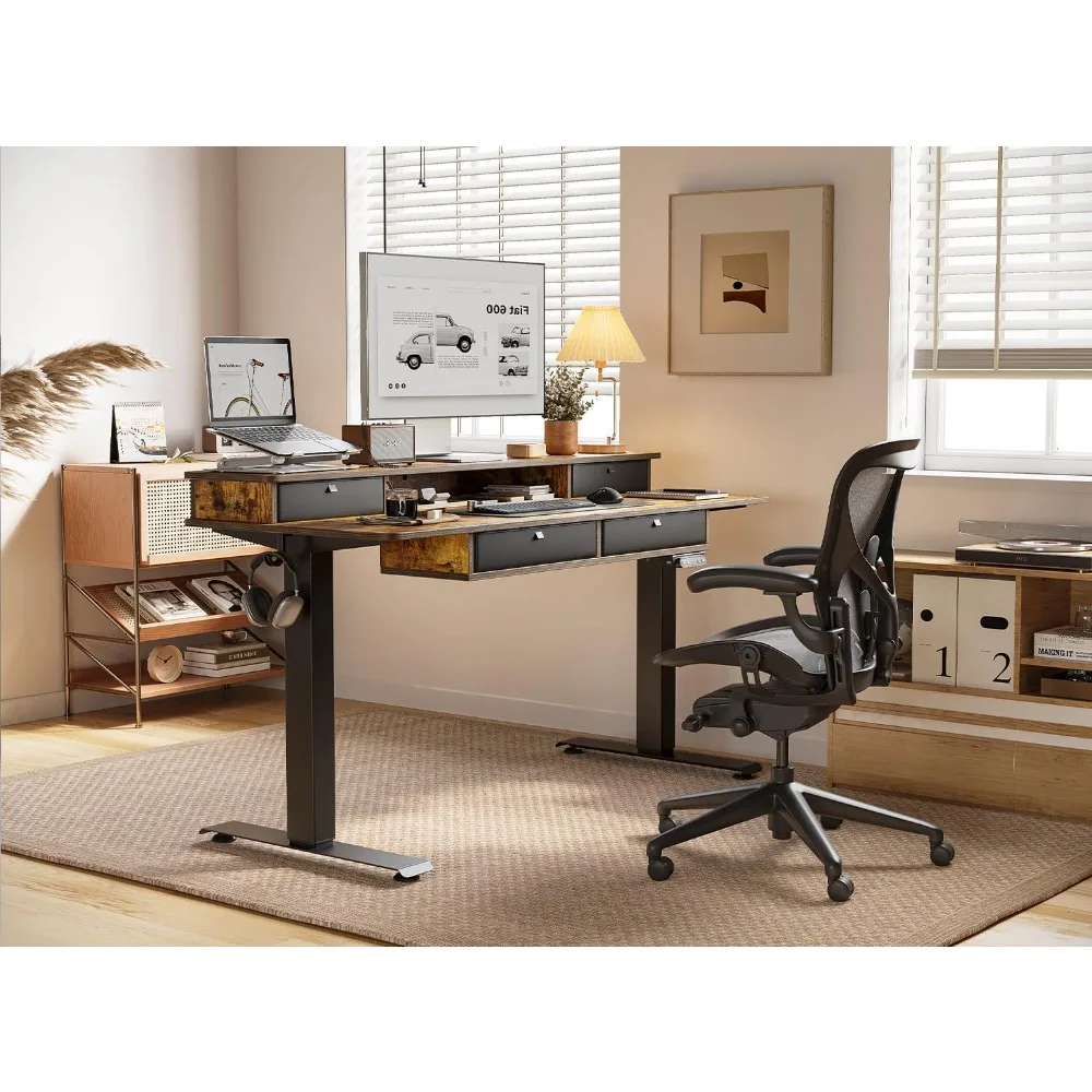 I Height Adjustable Electric Standing Desk with 4 Drawers, 63 x 24 Inch Table with Storage Shelf, Sit Stand Desk, Rustic Br=