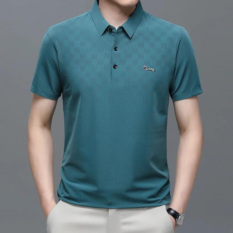 Dad's short-sleeved T-shirt, middle-aged men's ice silk short-sleeved polo shirt, elderly 2024 summer loose top