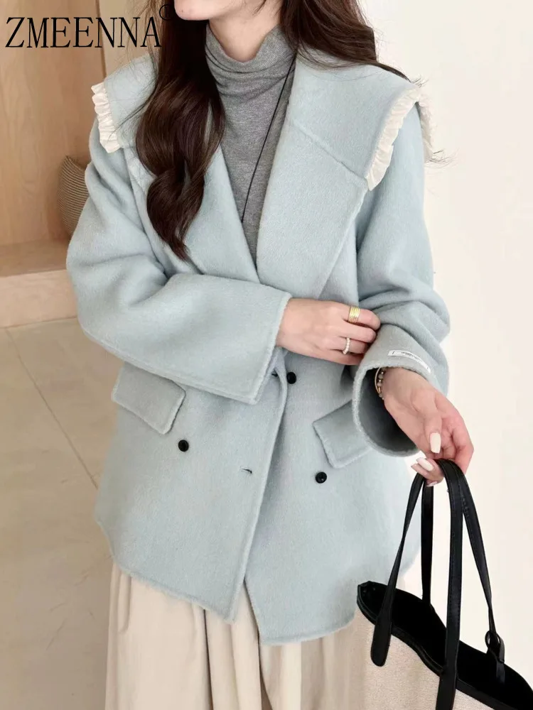 

ZMEENNA Women's Wool Blend Double Breasted Short Coat Ruffle Trim Lapel Collar Jacket Long Sleeve Outerwear ZM3968