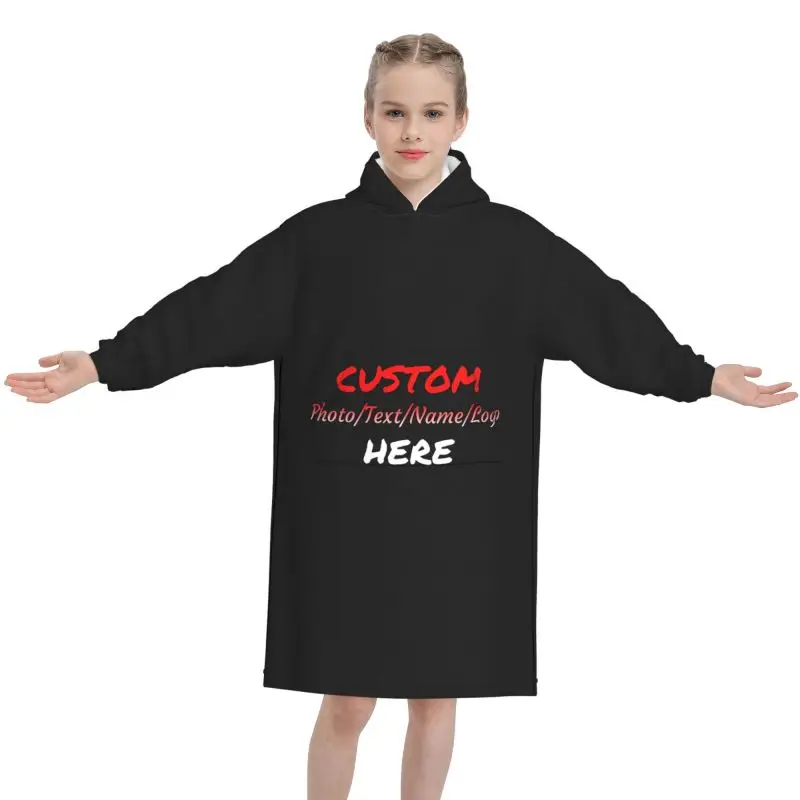 Custom Kids Blanket Hoodie Girls Boys Wearable Fleece Pullover Sweatshirts Soft Warm Cozy Blanket with Pockets