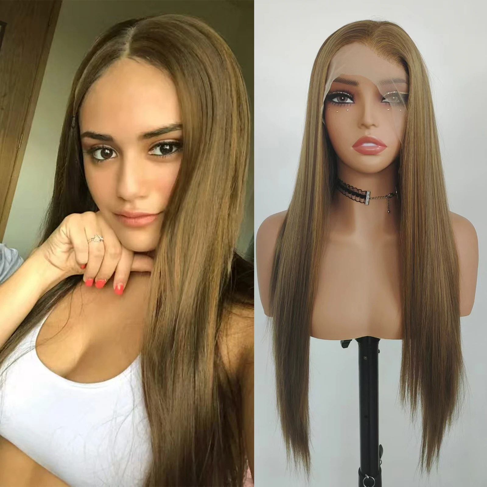 

WIF Tea Brown Synthetic Wig Natural Hairline Straight 13 x 4 Lace Front Wig Women Daily Use Free Part Hair