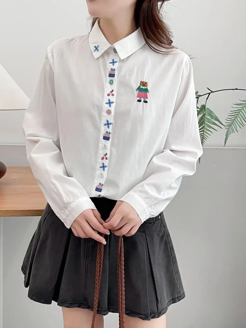 جديد 2025 الخريف قميص قطني بكم طويل ، المرأة التلبيب التطريز مخطط ، موري فتاة الحلو تخفيض العمر بلوزة فضفاضة T58520CC